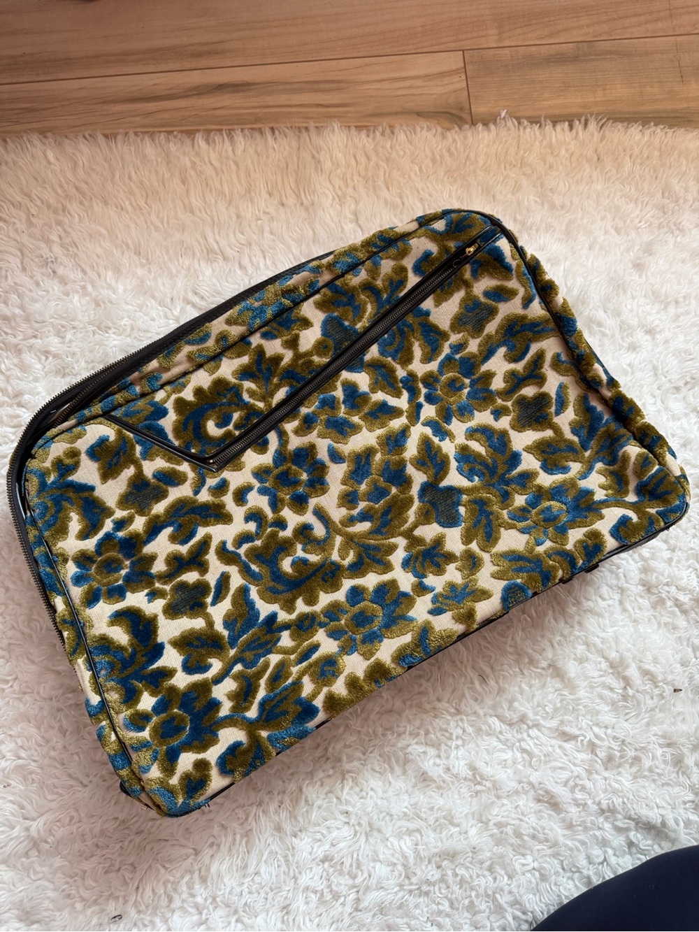 70’s Vintage Floral Velvet Suitcase Travel  - Blue & Olive